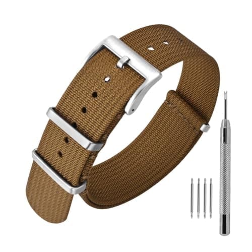 ANNEFIT Nylon Watch Band 18mm OnePiece Waterproof Military Watch Straps with Heavy Silver Buckle Brown