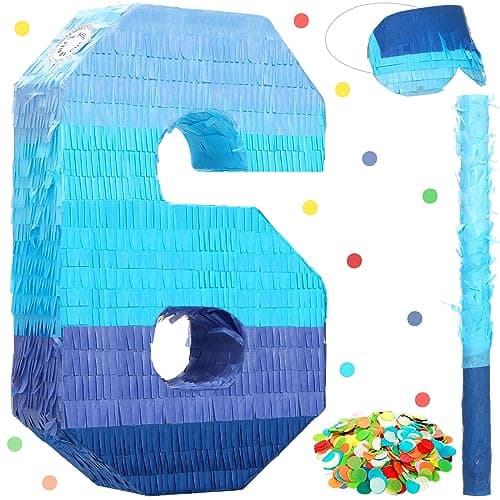Sratte Number 1 2 3 4 5 6 7 8 9 Piata with Stick Blindfold Confetti Gradient Blue Piata for Kids Boys Girls Birthday Party Anniversary Decorations SuppliesNumber 6