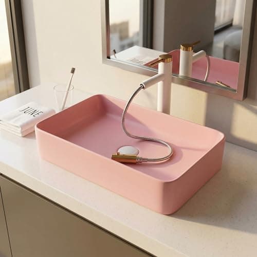 B Backline Ceramic Table Top Wash Basin Counter Top Bathroom Sink Wash Basin Art Basin For Bathrooms & Living Room 24 X 13.5 X 4 Inches (Pink Matt) (5 years warranty)