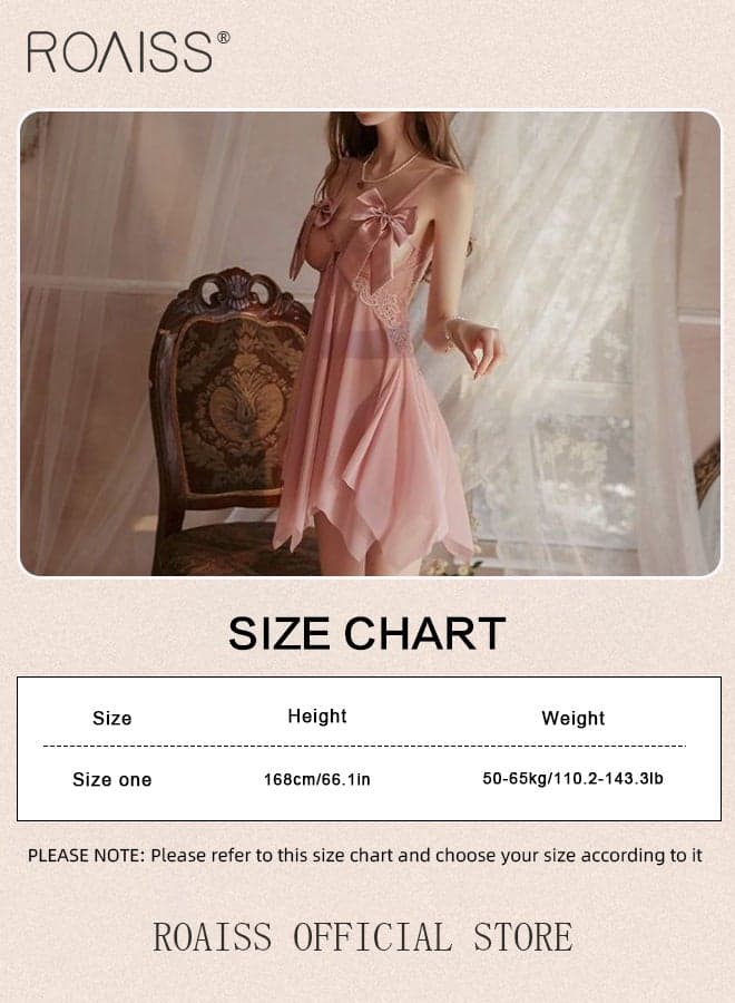 French Bow Front Slit Nightgown for Women Lace Mesh Hollow Adjustible Suspender Pajamas Cute Girly Type Backless Nightdress Ladies Loungewear Teddy Babydoll Suitable for Dates and Valentine's Day