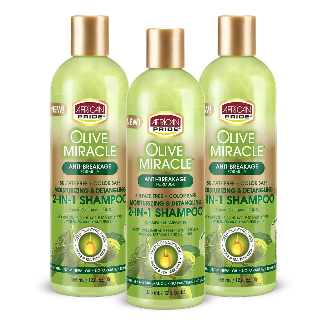 African Pride Olive Miracle Shampoo Conditioner 2 in1 Formula 3 Pack enriched with tea tree and olive oil to moisturize and protect hair and scalp 12oz