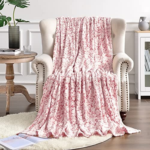 FY FIBER HOUSE Flannel Fleece Throw Blanket Super Soft Lightweight Microfiber with Flower Print for Couch, 50"X60", Peach