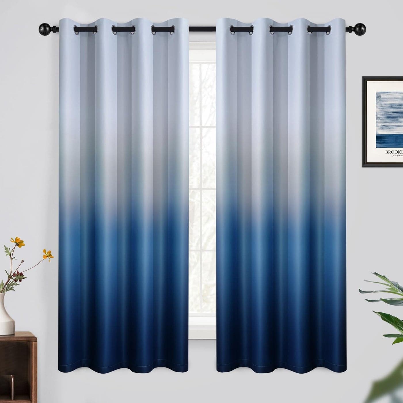 Yakamok 63 Inch Long Ombre CurtainsThermal Insulated Light Blocking Greyish White to Blue Gradient Color Curtains Room Darkening Grommet Window Drapes for Living RoomBedroom2 Panels52W x 63L
