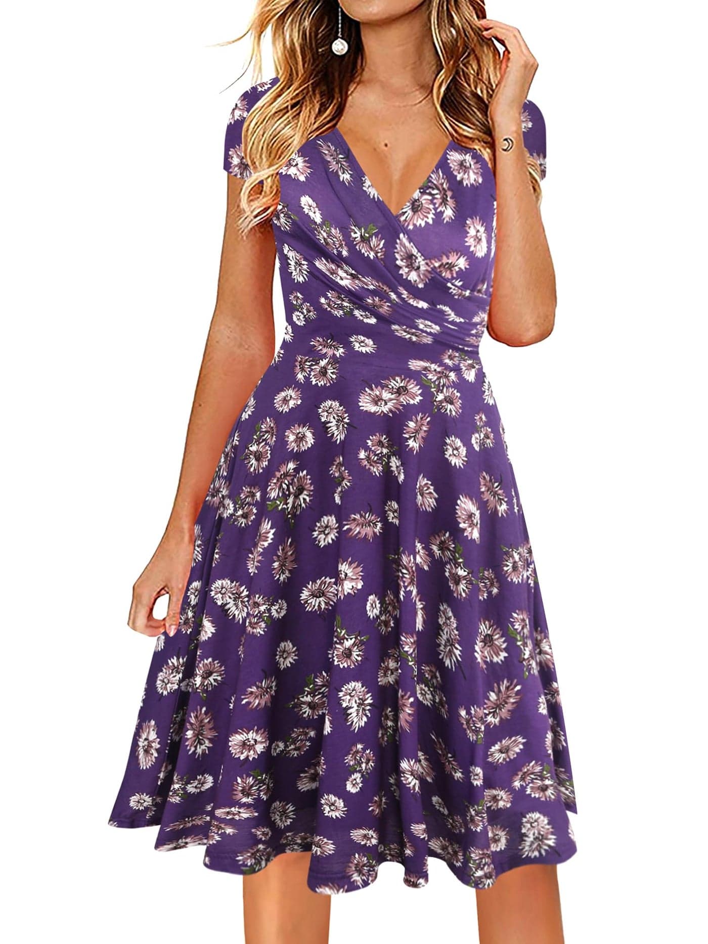 oxiuly Womens VNeck Cap Sleeve Floral Casual Work Stretchy Swing Dress OX233 L Purple Floral