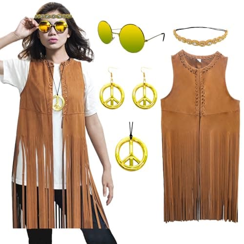 ATAMET 60s 70s Outfits for Women Hippie Costume Fringe Vest Faux Suede Tassel Vest Bohemia Headband Hippie Party Costume