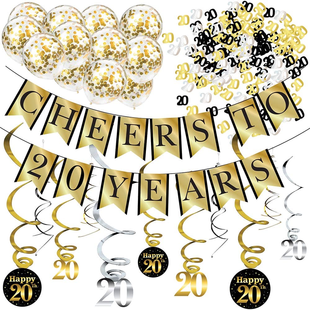 20th Birthday and Anniversary Decorations Party Pack Cheers to 20 Years Banner Balloons Swirls and Confetti Party Supplies