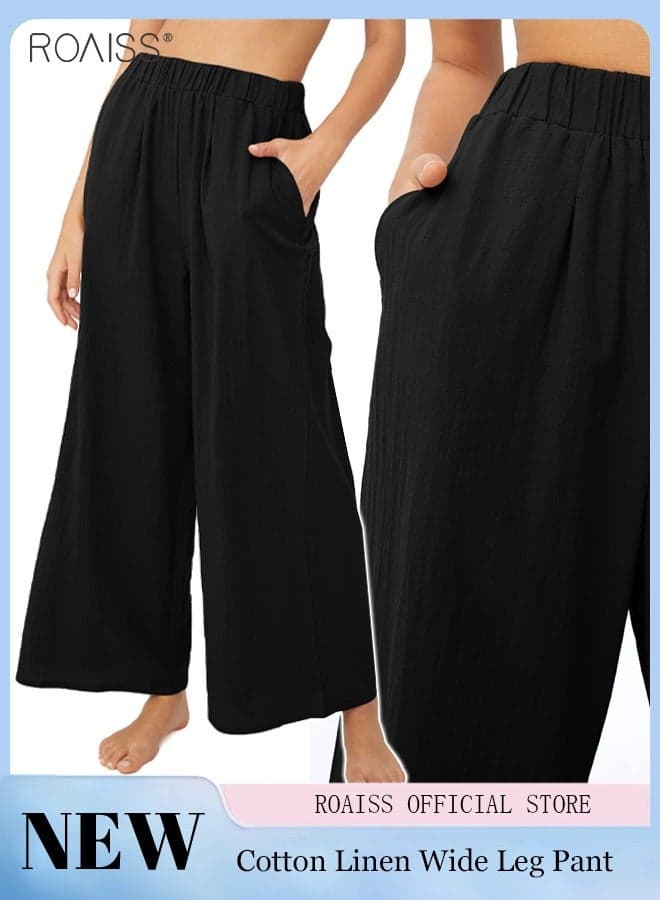 Women Cotton Linen Pants, Stylish Lightweight Trousers with Elastic Waistband and Side Pockets, Wide Leg Pants for Ladies, Suitable for Daily Wear