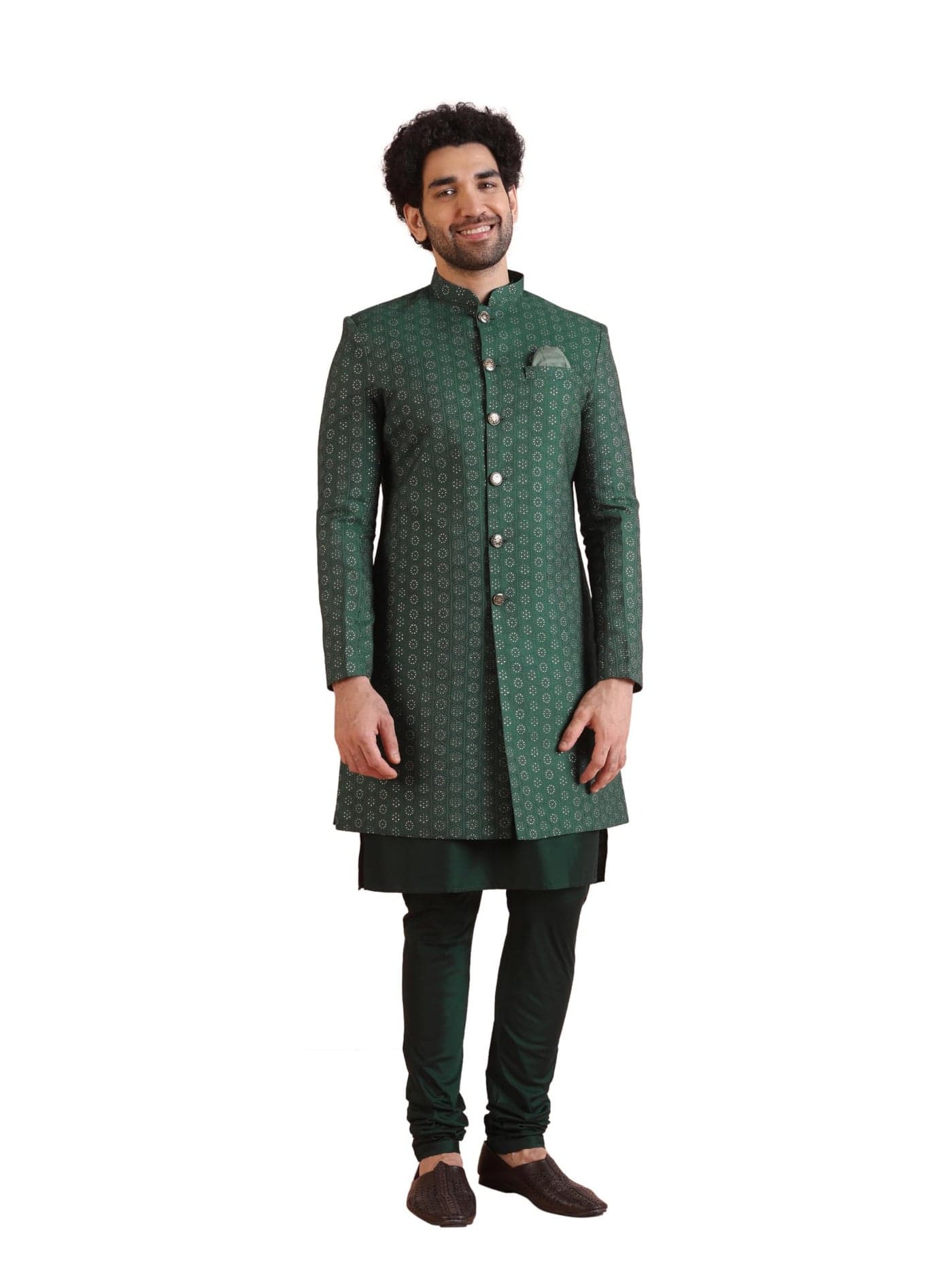 KISAH Kurta Sherwani Set for Men – Silk Blend Jacquard Textured Indo Western Kurta with Churidar | Designer Ethnic Outfit for Weddings & Festivals, Green, 42