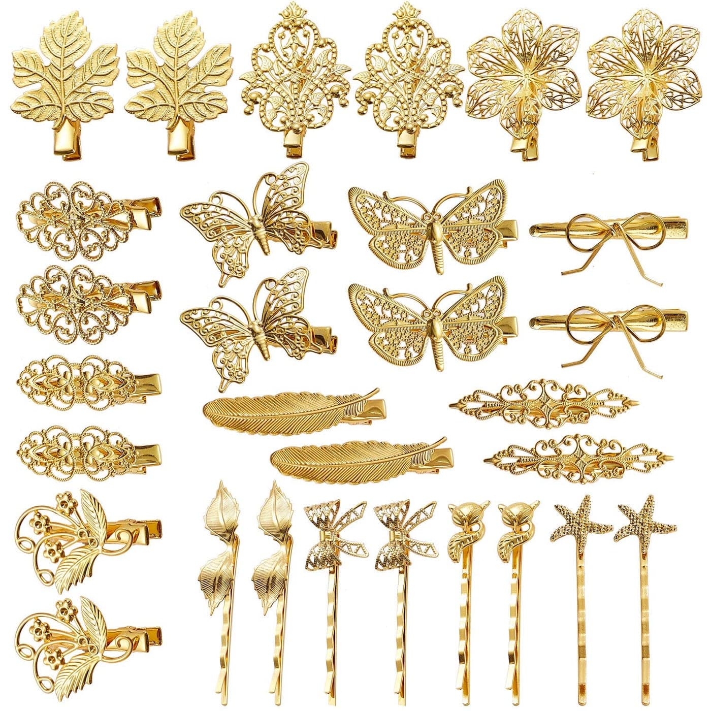 inSowni 30 Pack15 Pairs Gold Metal Alligator Hair Clips Barrettes Bobby Pins Leaf Flower Butterfly Decorative Accessories for Women Girls