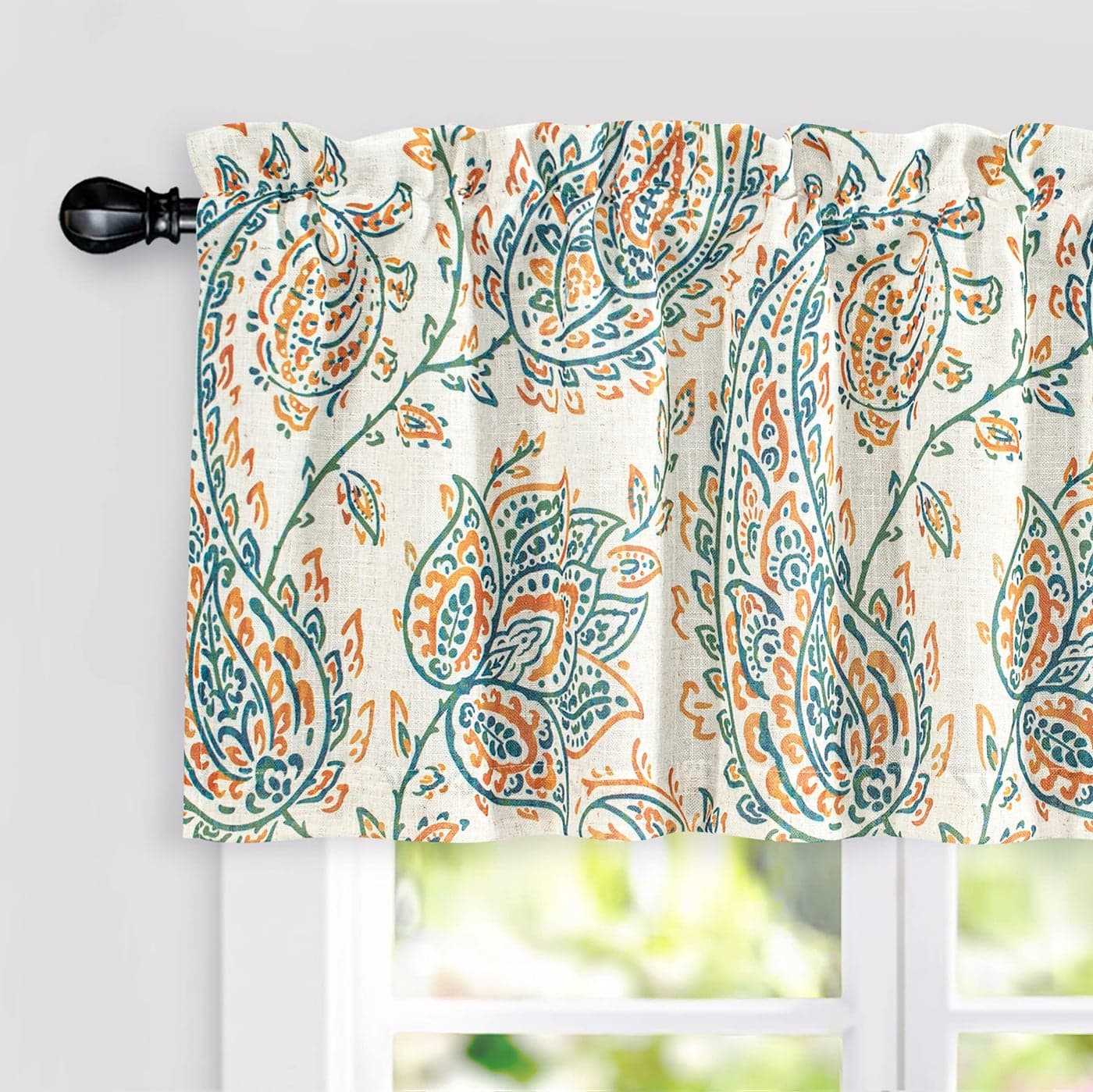 DriftAway Jacob Linen Blend Blackout Valance for Kitchen 18 Inch Length Scroll Floral Paisley Printed Lined Rod Pocket Room Darkening Linen Curtain Valance for Living Room 52x18 Inch Orange Sage