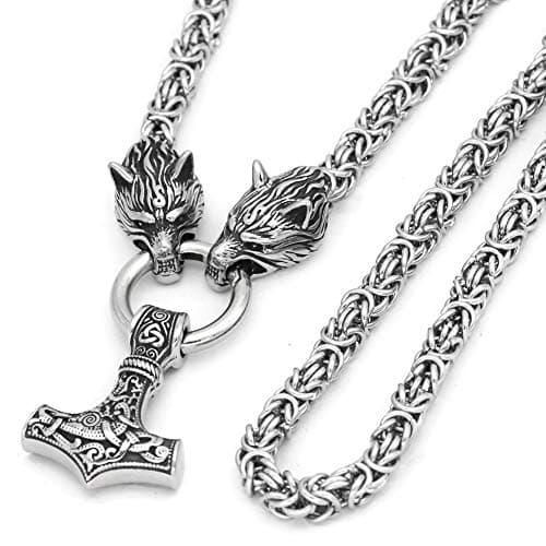 GuoShuang Wolf Head with Thor Mjolnir Pendant Necklace Stainless Steel - King Chain (28 INCH)