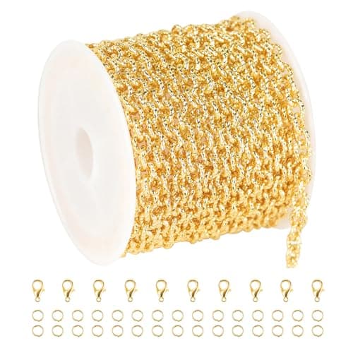 YOUBEIYEE 4 Meters 18K Gold Plated Chains for Jewelry Making Embossed Rolo Chain Light Gold Plated Brass Jewelry Chains with Jump Rings and Lobster Clasps