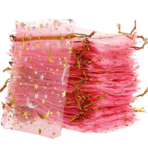 Shappy 150 Pieces Drawstring Organza Bags Small Moon Stars Drawstring Sachet Jewelry Mesh Gift Bags Pouches Gold Star Organza Favor Pouches for Christmas Wedding Party (Pink, 3.5 x 4.7 Inch)