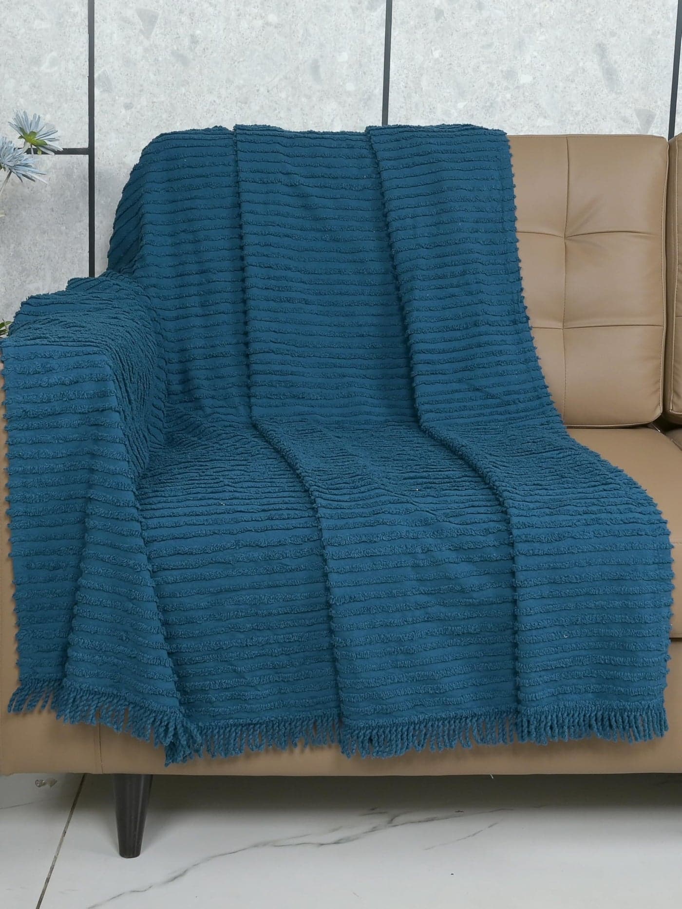 Saral Home BARKHA Stripe Cotton 3 Seater Sofa Throw, Blue.140x210 cm