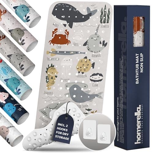 Bath Tub Mat Non Slip Anti Mold for Kids BPA Free INCL Hooks homerella Ocean Sea Animals 40x16 Baby Bath Mat Non Slip 200 Suction Cups Non Toxic Machine Washable Toddler Bath Mat EU Certified
