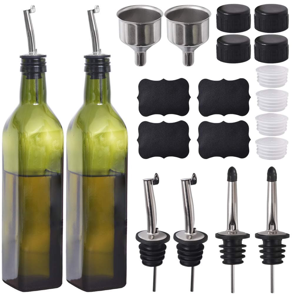 Newk Olive Oil Bottle 17 oz500 ml Glasses Oil Vinegar Cruet with Pourers Funnel Olive Oil Dispensing Cruets Decanter Carafe for Kitchen Green Set of 2