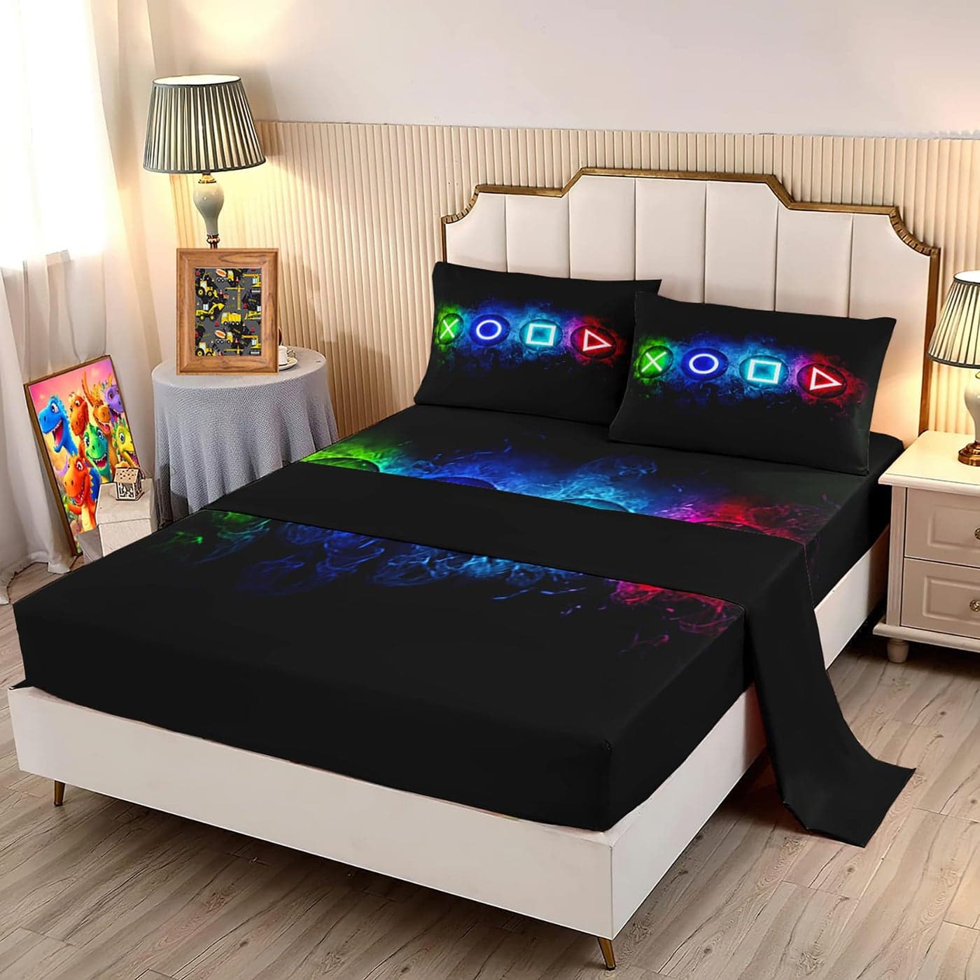 Gaming Bedding Sets for Boys 3 Pcs Gamer Fitted Sheet Set Twin Bed Sheet Kids Bedding Black Game Gamepad Bed Set for Boys Girls Teens Room Decor with 1 Flat Sheet 1 Fitted Sheet 1 Pillowcases