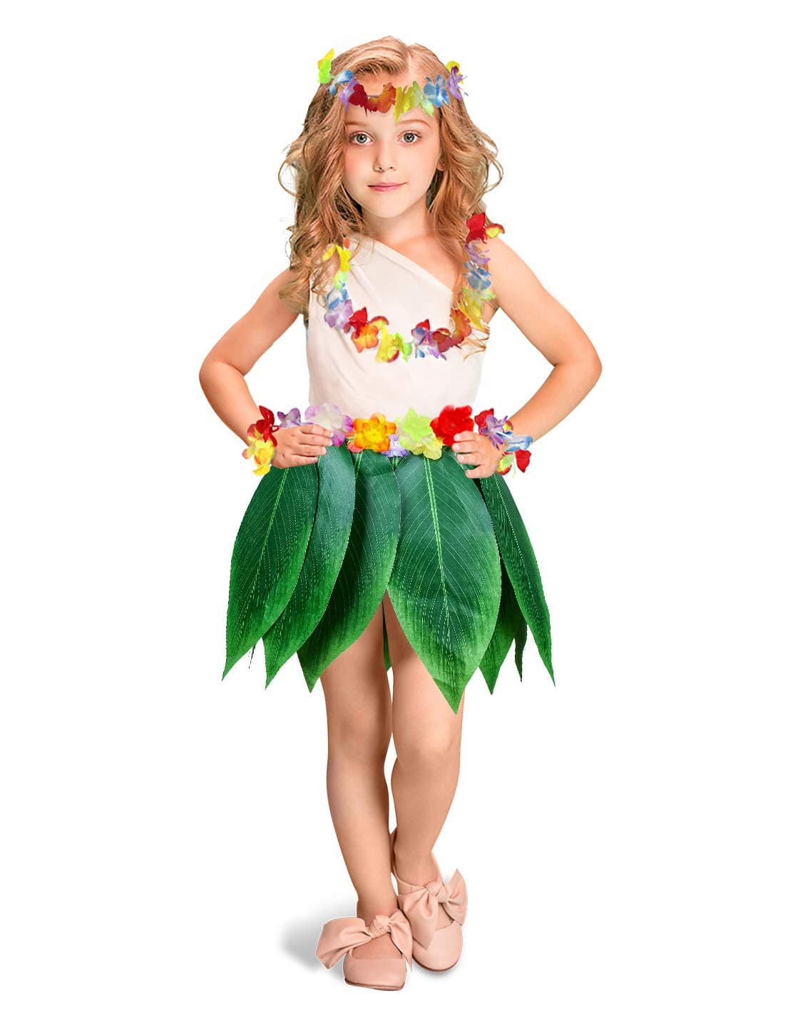 Fortuning's JDS Boys Girls Hawaiian Flowers Leaf Grass Skirts Garland Costume Set Beach Party Favors (5Pcs)