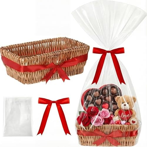 Threehoney Wicker Gift Basket Empty to Fill 12x7x5" Mother's Day Woven Empty Baskets for Gifts with Bag and Bow Ribbon for Baby Shower Birthday Wedding Favor Wrapping(Wood Color)