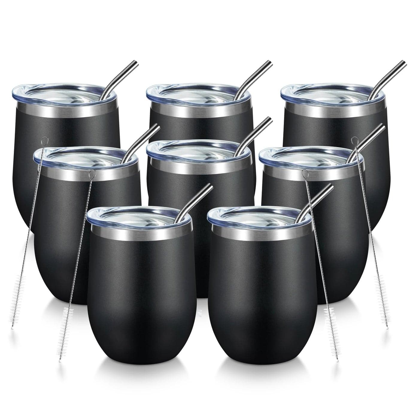 COMOOO 12oz Stainless Steel Drinking Cup Bulk with Lid and Straw Double Wall Vacuum Insulated for Hot and Cold Drinks Coffee Cocktails Black 8 Pack
