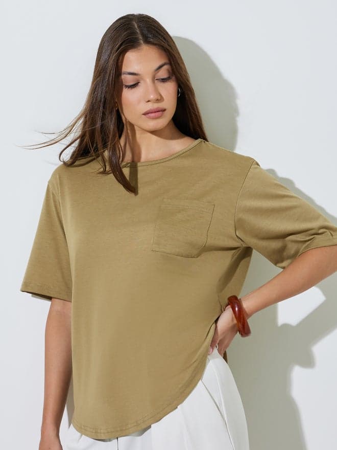 Styli Brown Relaxed Fit Round Neck T-Shirt