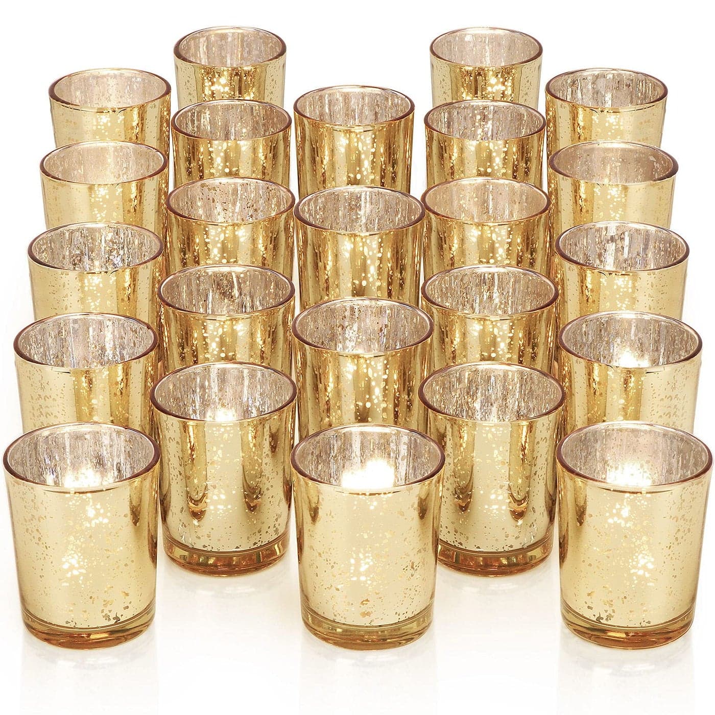 DARJEN Gold Tea Lights Candles Holders for Wedding Centerpieces Votive Candle Holders for Party Home Wedding Shower Decorations Table Mercury Glass Votives 24Pcs