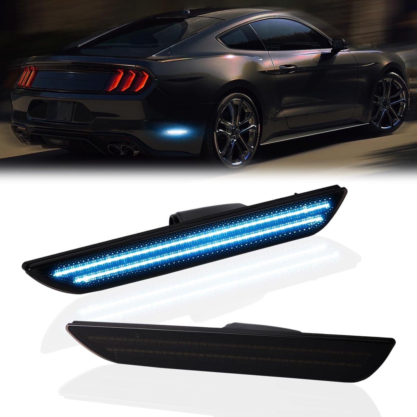 DERMOKA LED Side Marker Lights Rear Bumper Marker Lamp Reflectors for Ford Mustang 20152023 Smoked LenIce Blue