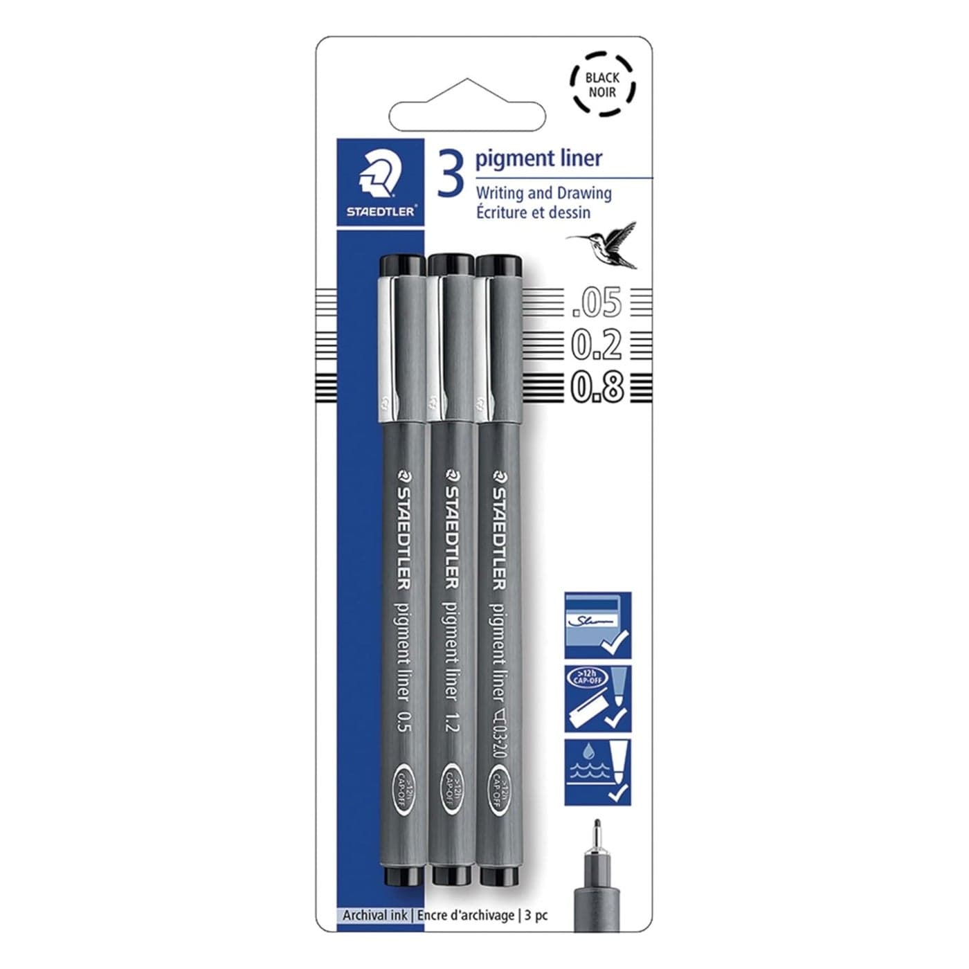 Staedtler Pigment Liner Pack Black 3 Pens Assorted Line Widths 005mm02mm08mm 3089SBK3