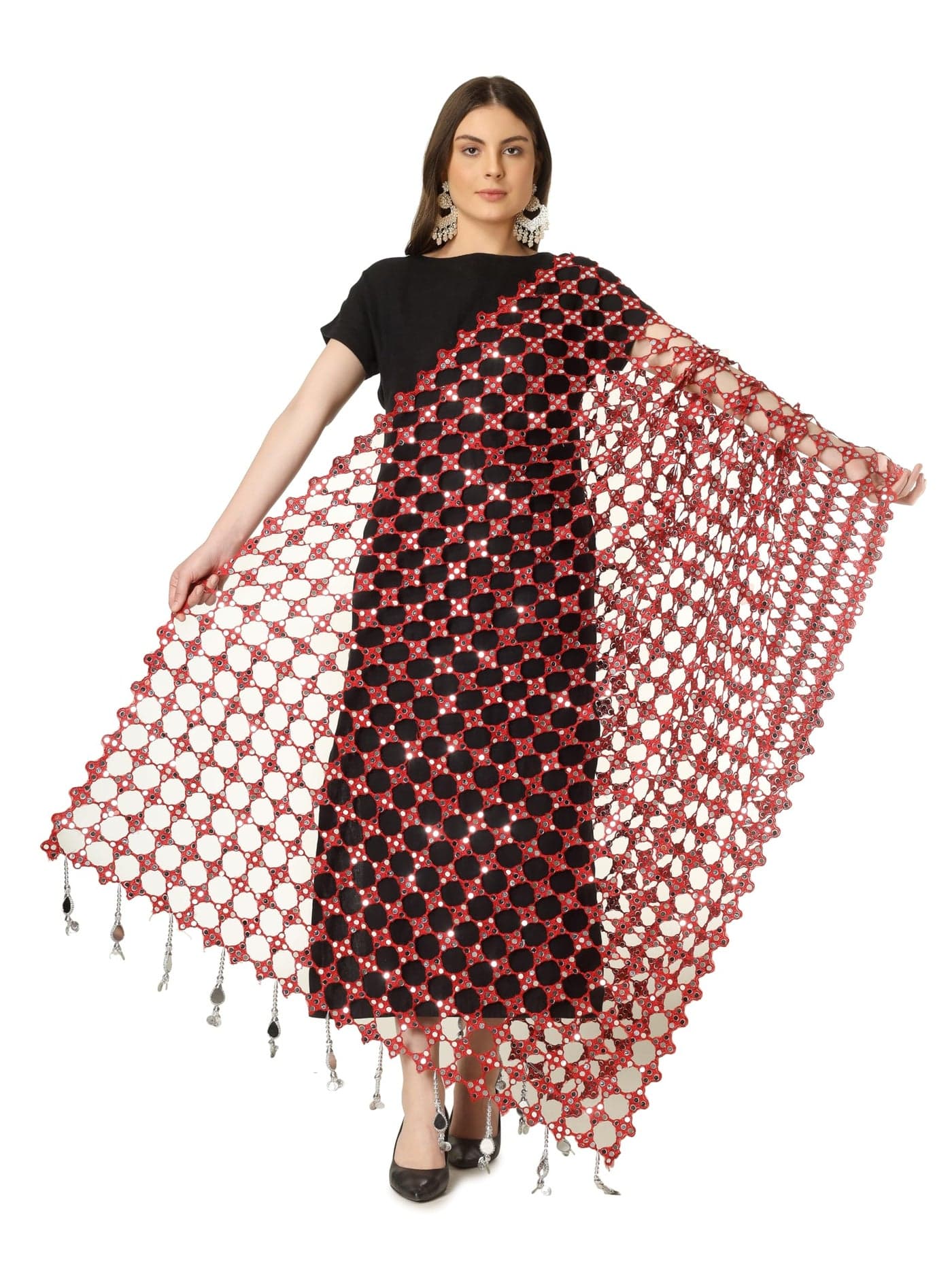 A R Silk DUPATTA HUB Women's Foil Mirror Work With Hand Made Tassels Red Fancy and Bridal Dupatta(ARS01235)