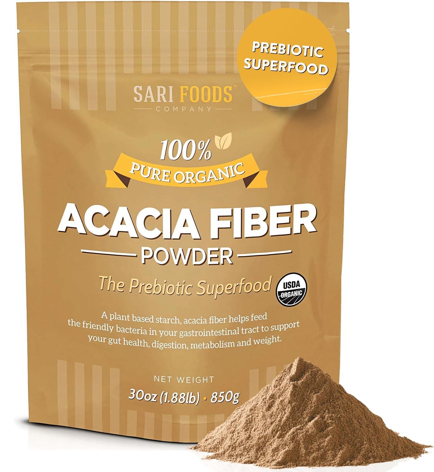 Sari Foods Organic Acacia Fiber Powder 30 Ounce Natural Whole Food Plant Based Prebiotic Superfood for Gut Health