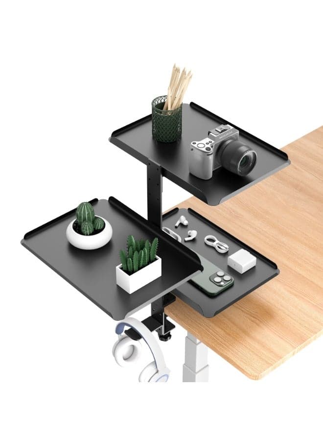 Desktop or Under Desk 3-Tier Shelving Unit,Clamp-On Desk Shelf Organizer, Anti-Slip Desk Storage Shelf,with Adjustable Metal Storage Tray and Headphone Stand,No Drilling,Strong Load-Bearing Capacity, Sturdy and Durable,for Office Gaming Home
