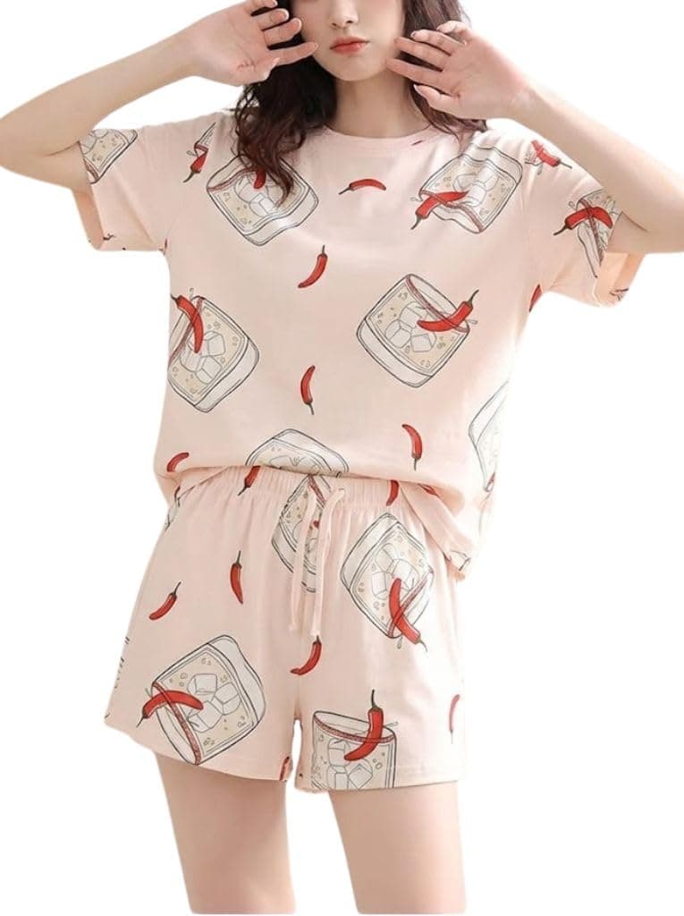 SMOWKLY Korean Night Dress || Shorts Set ||Korean Nightsuit || Women Nightwear ||Round Neck Half Sleeve Nightsuit || Loungewear || Everyday Nightdress(1669_PCH_L Peach