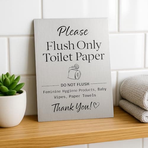 "Flush Only Toilet Paper - Do Not Flush Wipes or Feminine Hygiene Products" Brushed Aluminum Sign - Ideal for Hotels and Vacation Rentals (Brushed Aluminum, 3.5" x 5")