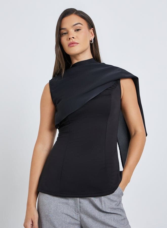 Styli Solid Sleeveless Draped Detail Top — L