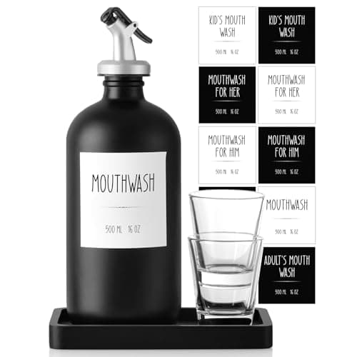 CMLKLZD Glass Mouthwash Dispenser for Bathroom, 16 OZ Mouth Wash Bottle Container with Pour Spout & Reusable Mouthwash Cups & Wood Tray & Labels, Black Bathroom Kitchen Decor and Accessories