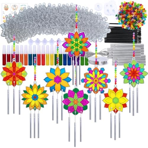 Winlyn 24 Sets Lotus Flower Suncatcher Wind Chimes Decorations DIY Window Paint Art Stickers Craft Kits Flower Sun Catchers for Kids Classroom Birthday Spring Summer Party Activities Art Project