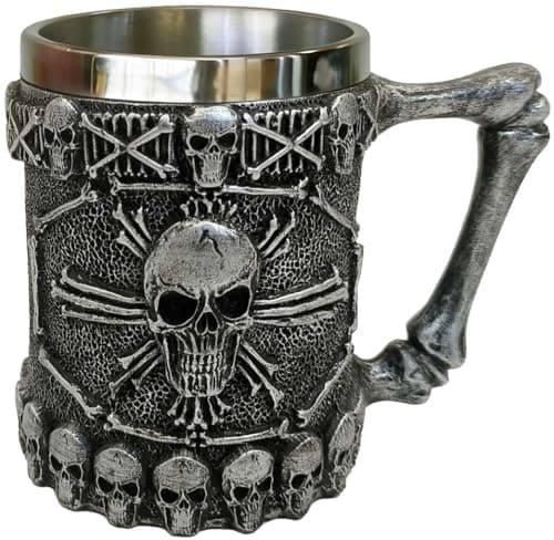 Viking Mug Pirate Skull Cup Novelty Coffee Mug Beer Mug for Women Men with Handle-14oz Double Stainless Steel Reusable Insulated Tankard for Coffee Drinking Cup Halloween Bar Drinkware Gift,Party Cup