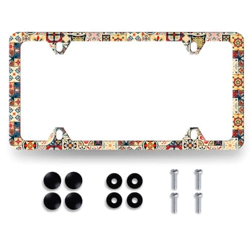 Mexican Tiles Pattern License Plate Frame Boho Mandala License Plate Holder for Front and Rear Car Tags Stainless Steel Funny License Plate Frames Car Decoration with Screws 122 x 62