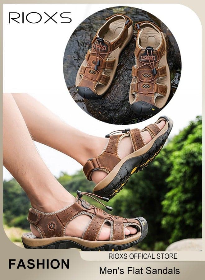 Men's Summer Hollow Roman Flat Sandal, Round Closed Toe Sandals, Leather Fisherman Sandals, Athletic Sport Casual Sandals, Waterproof Beach Water Sandals, Lightweight Walking Slids Sandals