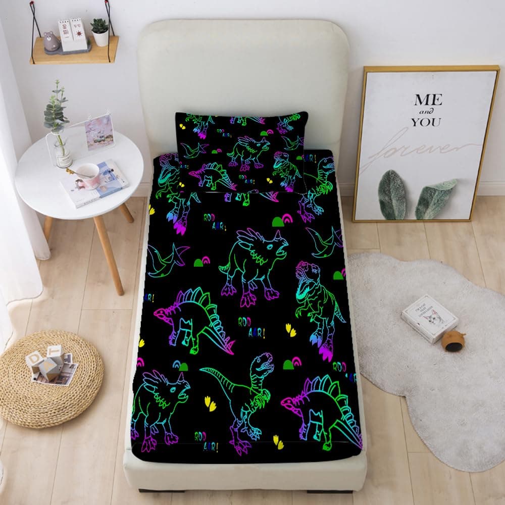 Gusuhome Dinosaurs Bed Sheets Twin Size for Boys 3D Colorful Jurassic Dinosaur Fitted Sheets Set for Kids and Teens Soft Microfiber Bedding Set with Pillowcase 1 Fitted Sheet 1 Pillow Cases