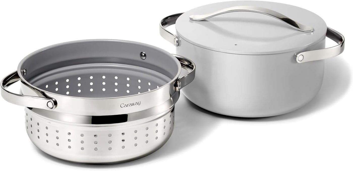 Caraway Nonstick Ceramic Dutch Oven Pot with Lid Steamer 65 qt 105 Non Toxic PTFE PFOA Free Oven Safe Compatible with All Stovetops Gas Electric Induction Gray