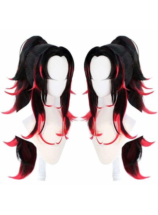 Hair Cap+Tsugikuni Yoriichi Wig Black Wig with Red Hightlight for Anime Cosplay, Synthetic Black and Red Wig for Halloween Costume Wig, Long Wavy Ponytail Wig Costume for Halloween Party Wig