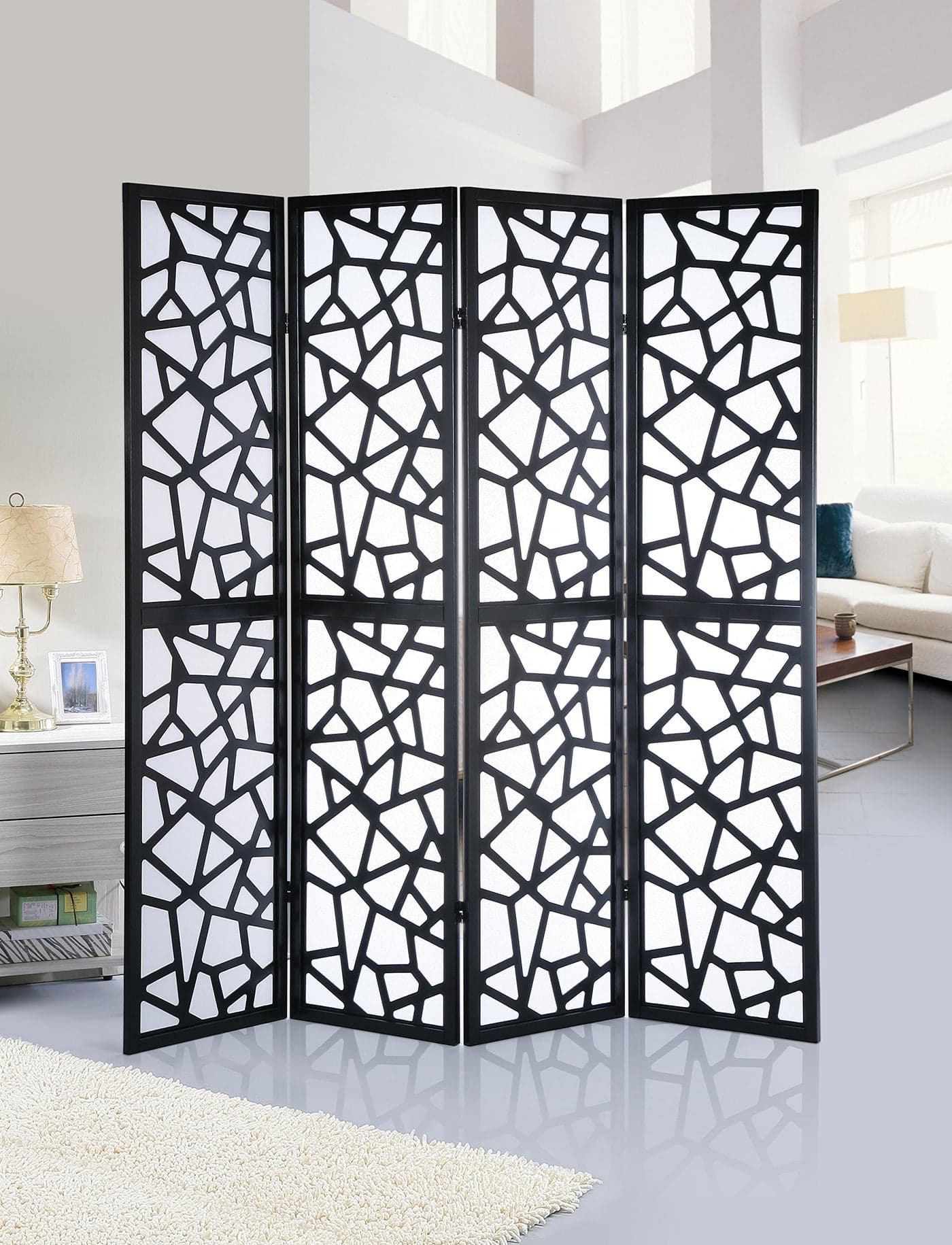 Roundhill Furniture Giyano 4 Panel Screen Room Divider 70W x 70H Black
