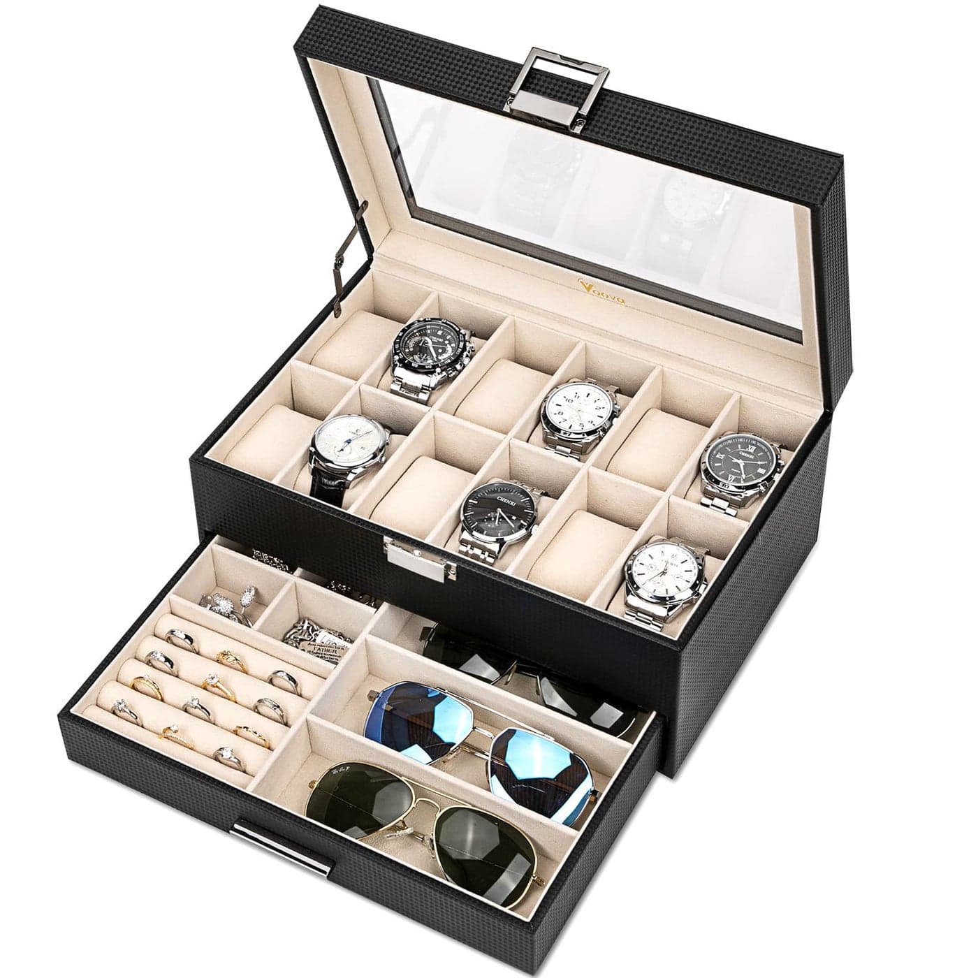 Voova Jewelry Box Organizer for Men Women 2 Layer Large 12 Slot PU Leather Watch Storage Case Glass Top Jewelry Display Holder for Watches Sunglasses Rings Necklaces BraceletsBlack