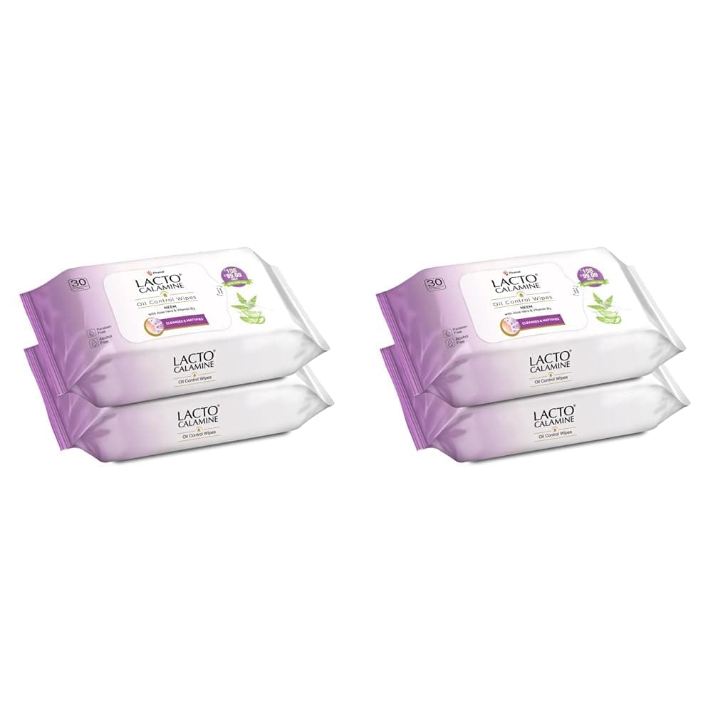 Lacto Calamine Oil Control Face Wipes 30 N each Pack of 4 Wet Wipes for Face With Neem Aloe Vera Niacinamide Makeup Remover Wipes Hydrating Refreshing Soothing Pararben Alcohol Free