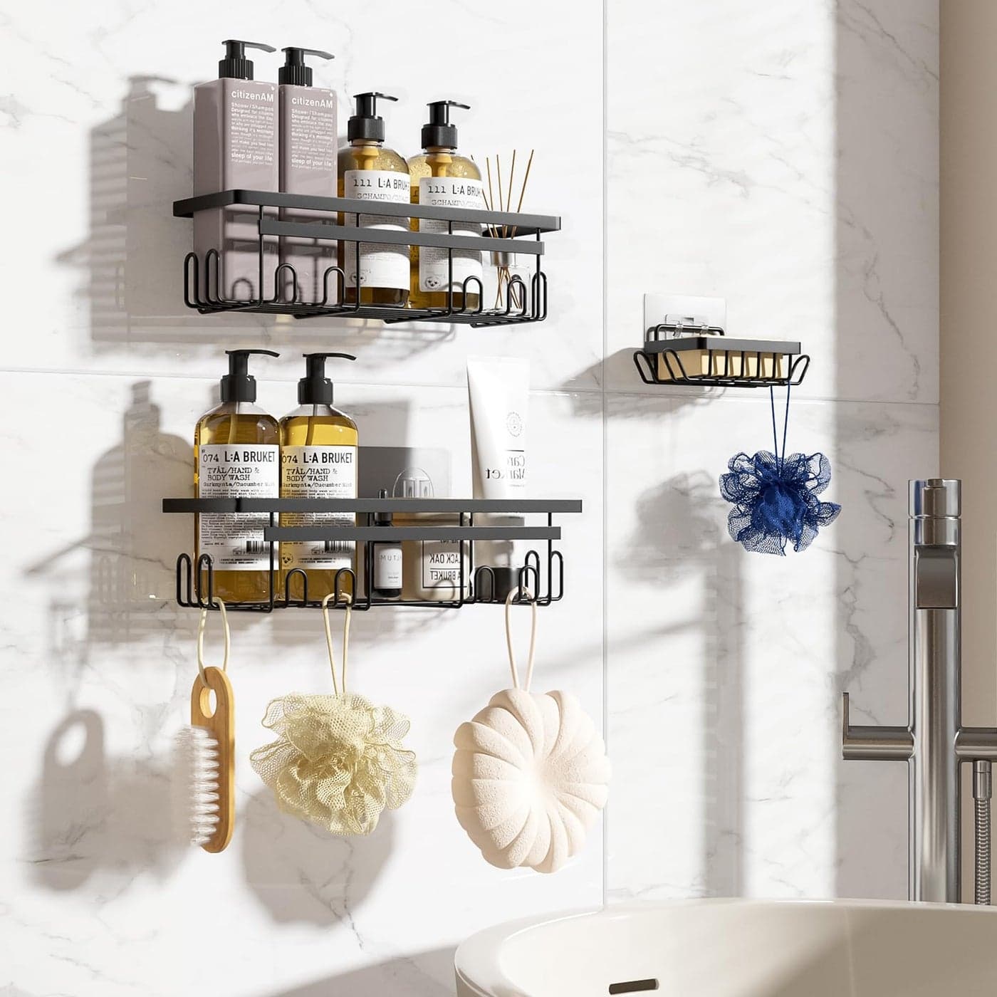 Vinabo Shower Caddy Bathroom Shelf Organiser No Drilling with Soap Dish 3PCS RustProof Bathroom Accessory Shower Storage with Hooks Essentials for Kitchen Black