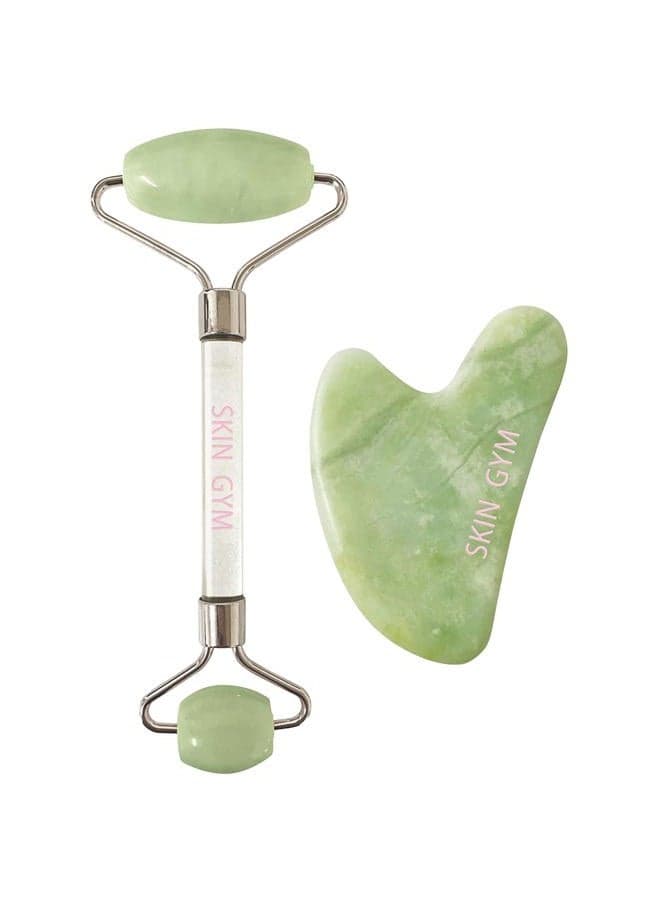 Skin Gym Jade Facial Roller & Gua Sha Tool Workout Set, Revitalizing Skincare for Enhanced Glow & Smooth Skin