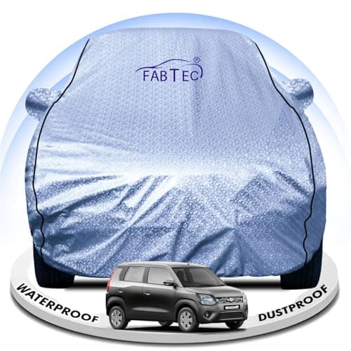 FABTEC Metallic Silver Waterproof Car Body Cover for Maruti Wagon R Sun, UV and Dust Protection with Mirror Pocket (Reflective Silver with Black Piping)