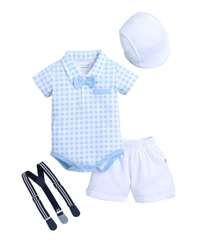 BUMZEE Baby Boys Cotton Bodysuit & Short Set With Bow Suspender & Cap Blue & White - 3-6 Months