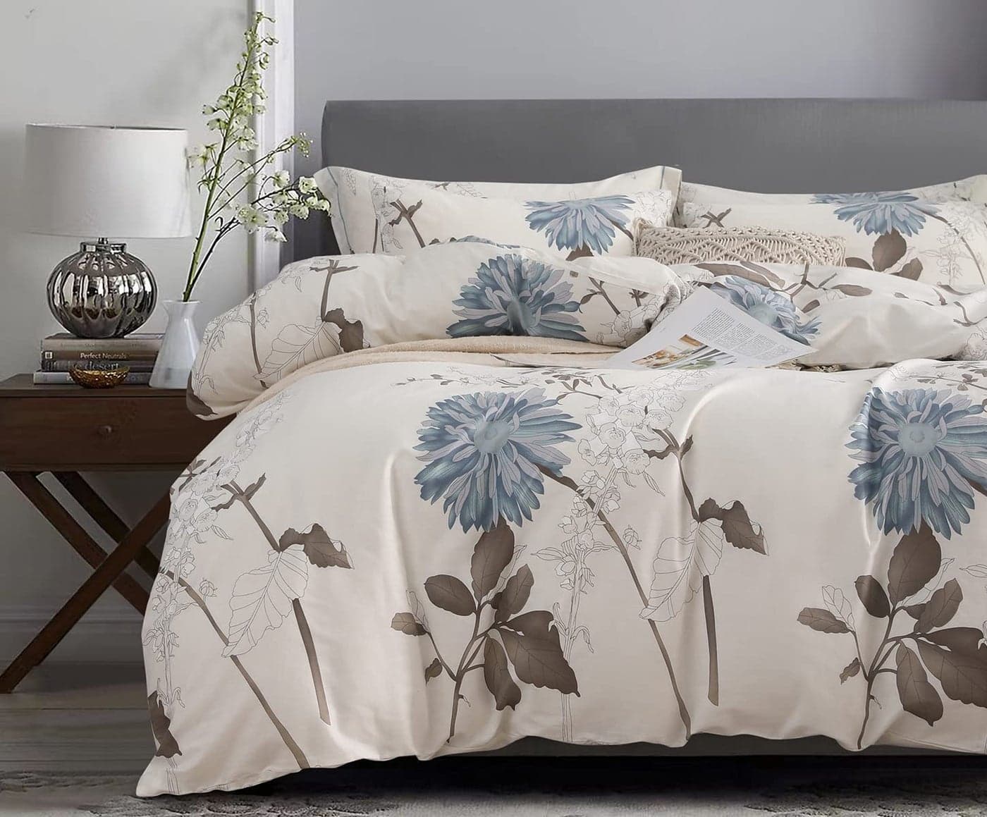 SLEEPBELLA Duvet Cover Queen Size 600 Thread Count Cotton Botanical Flowers Pattern Printed Reversible Comforter Cover